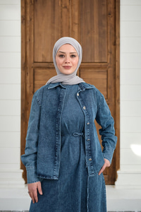 Düğmeli Bel Bağlamalı Kot Takım Yıkama Mavi