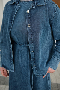 Düğmeli Bel Bağlamalı Kot Takım Yıkama Mavi