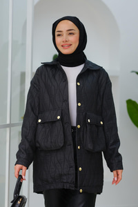 Düğmeli Dalga Desen Mont Siyah