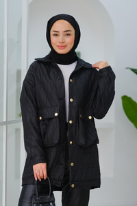 Düğmeli Dalga Desen Mont Siyah