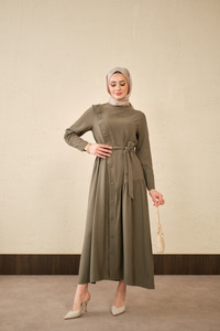 Düğmeli Etek Büzgülü Bel Bağlamalı Elbise Haki Yeşil