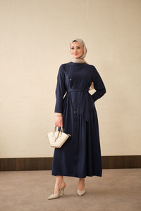 Düğmeli Etek Büzgülü Bel Bağlamalı Elbise Lacivert