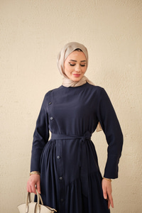 Düğmeli Etek Büzgülü Bel Bağlamalı Elbise Lacivert
