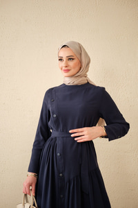 Düğmeli Etek Büzgülü Bel Bağlamalı Elbise Lacivert