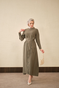 Düğmeli Etek Büzgülü Bel Bağlamalı Elbise Haki Yeşil