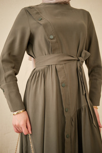 Düğmeli Etek Büzgülü Bel Bağlamalı Elbise Haki Yeşil