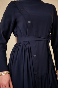 Düğmeli Etek Büzgülü Bel Bağlamalı Elbise Lacivert