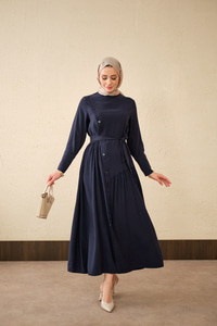 Düğmeli Etek Büzgülü Bel Bağlamalı Elbise Lacivert