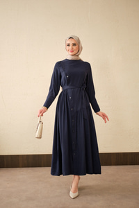 Düğmeli Etek Büzgülü Bel Bağlamalı Elbise Lacivert