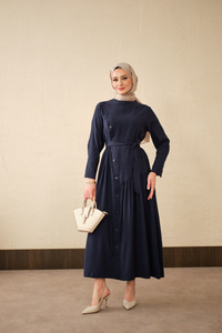 Düğmeli Etek Büzgülü Bel Bağlamalı Elbise Lacivert