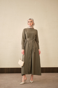 Düğmeli Etek Büzgülü Bel Bağlamalı Elbise Haki Yeşil