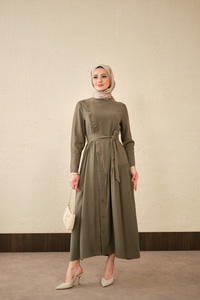 Düğmeli Etek Büzgülü Bel Bağlamalı Elbise Haki Yeşil