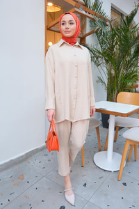 Düğmeli İkili Takım Bej