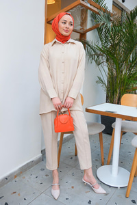 Düğmeli İkili Takım Bej