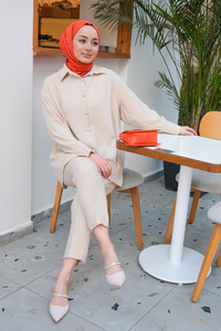 Düğmeli İkili Takım Bej