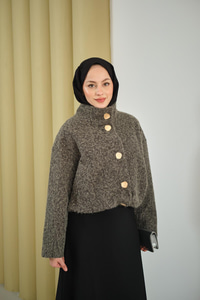 Düğmeli Kısa Keçe Kaban Gri