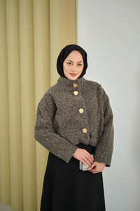 Düğmeli Kısa Keçe Kaban Gri