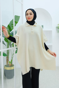 Düğmeli Panço Ekru