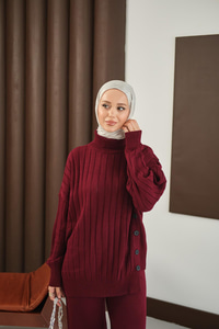 Düğmeli Triko Takım Bordo