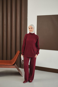 Düğmeli Triko Takım Bordo