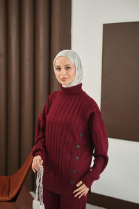 Düğmeli Triko Takım Bordo