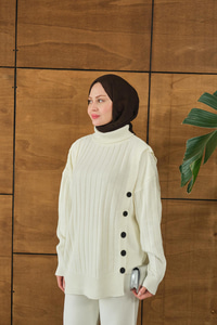 Düğmeli Triko Takım Ekru