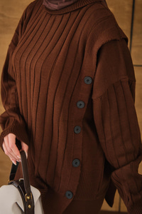 Düğmeli Triko Takım Kahverengi