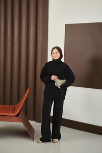 Düğmeli Triko Takım Siyah