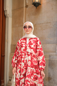 Duman Desenli Elbise Kırmızı