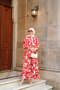 Duman Desenli Elbise Kırmızı