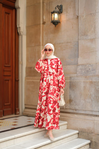 Duman Desenli Elbise Kırmızı