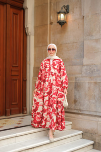 Duman Desenli Elbise Kırmızı