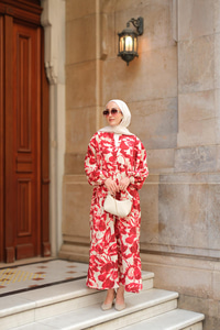 Duman Desenli Elbise Kırmızı