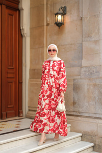 Duman Desenli Elbise Kırmızı