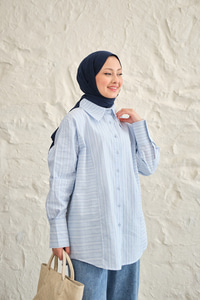 Düz Ve Yan Çizgi Detay Gömlek Açık Mavi