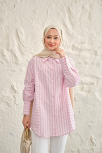 Düz Ve Yan Çizgi Detay Gömlek Pembe