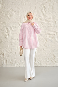 Düz Ve Yan Çizgi Detay Gömlek Pembe