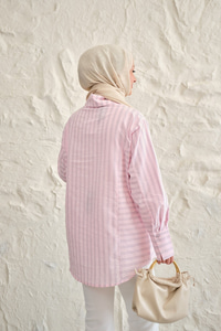 Düz Ve Yan Çizgi Detay Gömlek Pembe