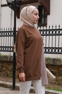 Ekose Cep Detaylı Tunik Kahverengi