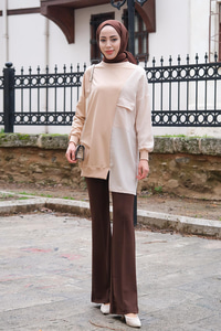 Ekose Cep Detaylı Tunik Krem