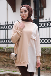 Ekose Cep Detaylı Tunik Krem