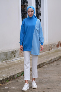 Ekose Cep Detaylı Tunik Mavi
