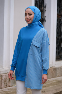 Ekose Cep Detaylı Tunik Mavi