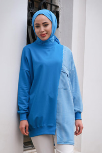 Ekose Cep Detaylı Tunik Mavi
