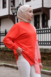 Ekose Cep Detaylı Tunik Turuncu