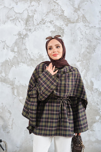 Ekose Desen Bel Bağlamalı Düğme Detay Panço Haki Yeşil