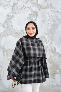 Ekose Desen Bel Bağlamalı Düğme Detay Panço Siyah