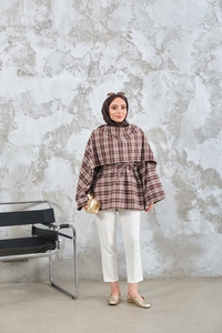 Ekose Desen Bel Bağlamalı Düğme Detay Panço Kahverengi