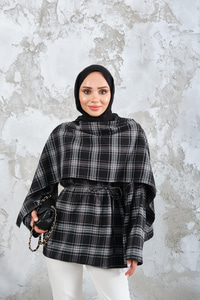 Ekose Desen Bel Bağlamalı Düğme Detay Panço Siyah