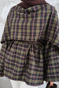 Ekose Desen Bel Bağlamalı Düğme Detay Panço Haki Yeşil